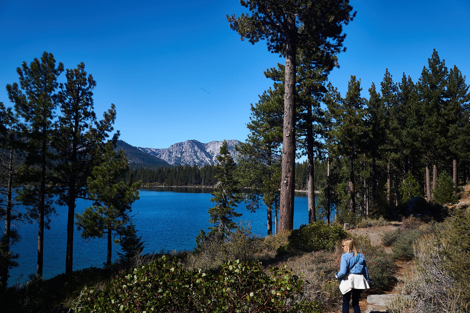 Woman hiker on a mountain trail near Lake Tahoe