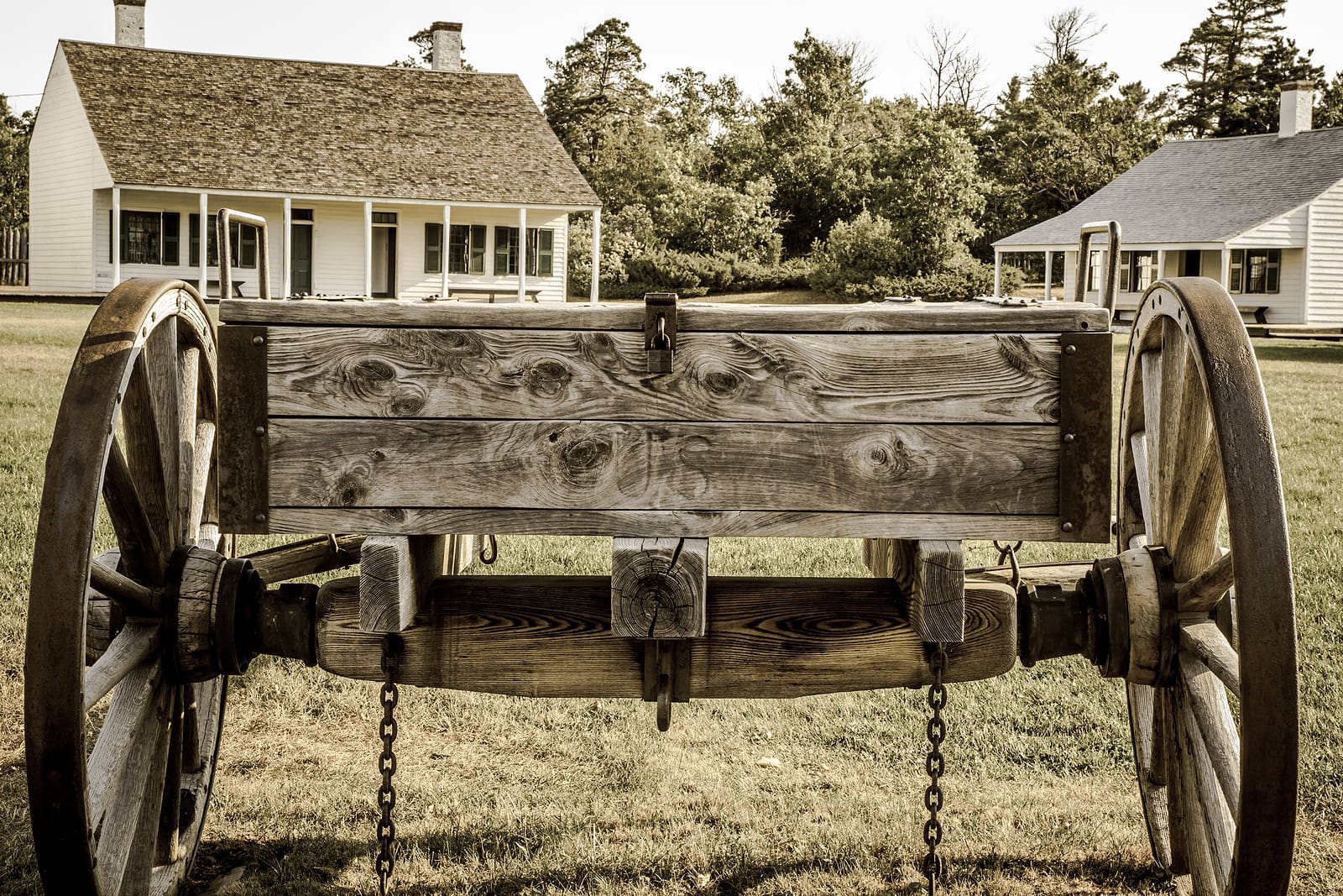 Copper Harbor, Michigan, USA - August 24, 2013. Vintage wooden wagon on display at Fort Wilkins State Historical Park. The park features a restored 1800's US Army fort on the northern frontier.