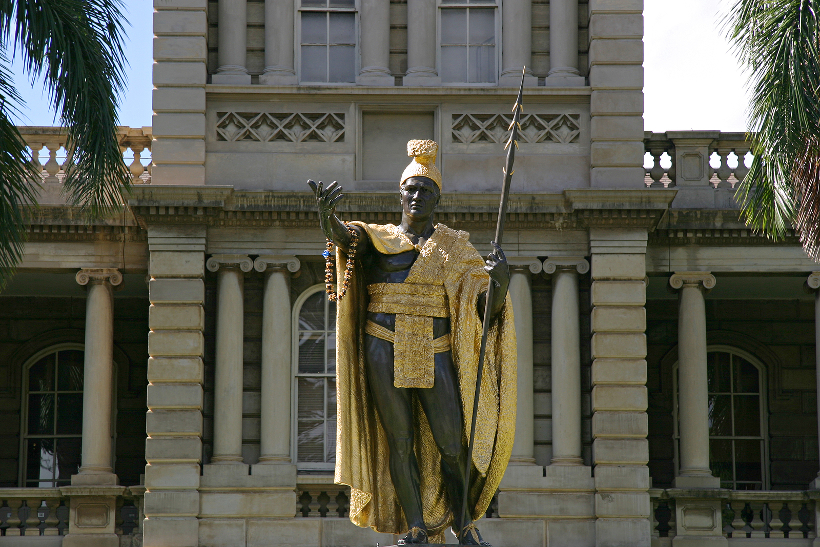 king kamehameha statue located in downtown honolulu. he unified the hawaiian islands. statue is a tourist attraction in honolulu.