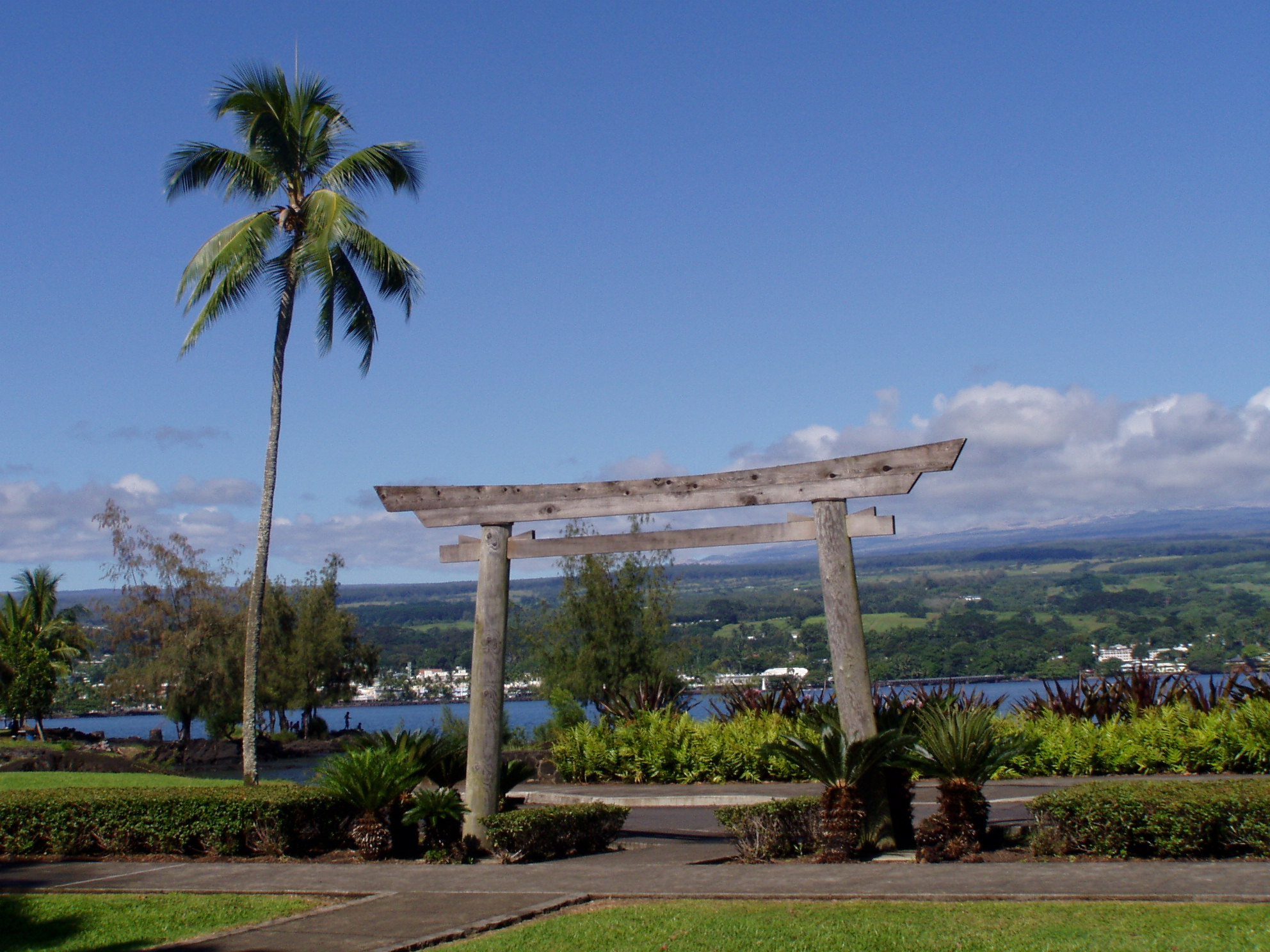 Japanese influenced monument in Queen Liliuokalani Gardens Hilo Hawaii.