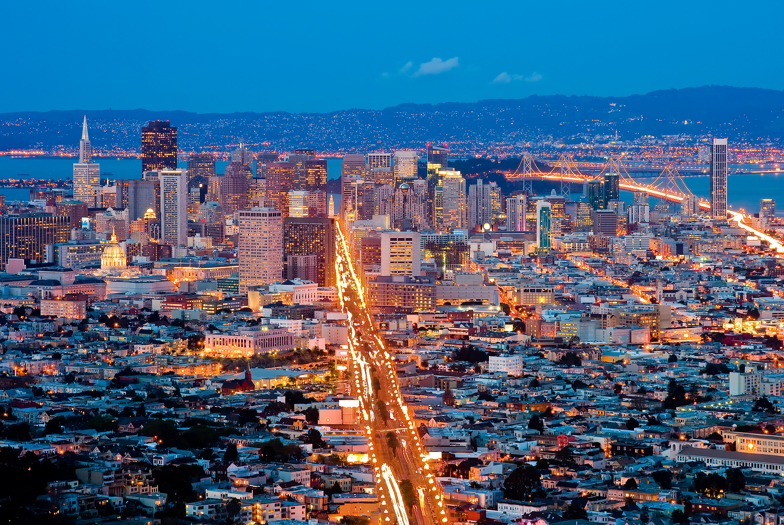 San Francisco downtown at night aerial shot