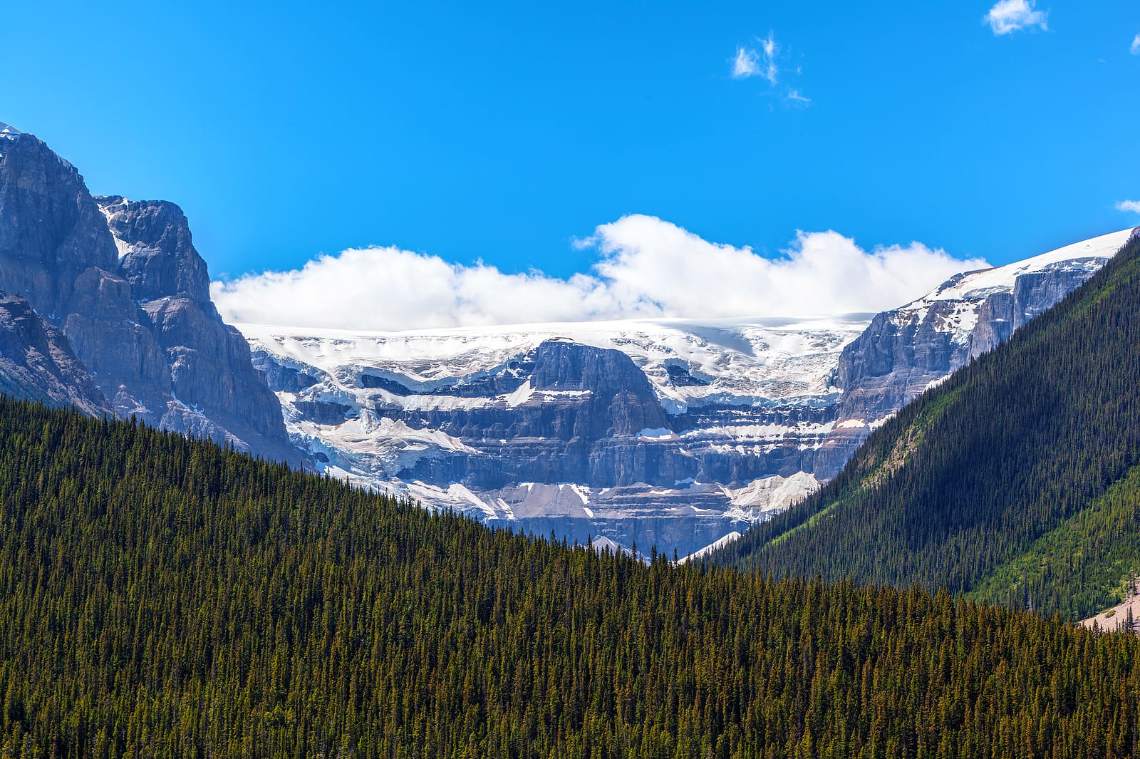Stutfield Glacier on the Icefields Parkway in the Canadian Rockies. The glacier flows southeast from the Columbia Icefield at Stutfield Peak, a mountain in Jasper National Park, Alberta, Canada.