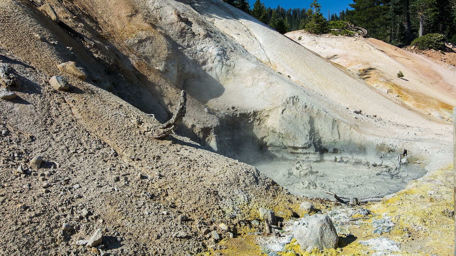 Sulphur works boiling mudpot, Lassen Volcanic National Park, USA. This is one of the hydrothermal tourist spots in the park, along the main park road, easy access to tourists